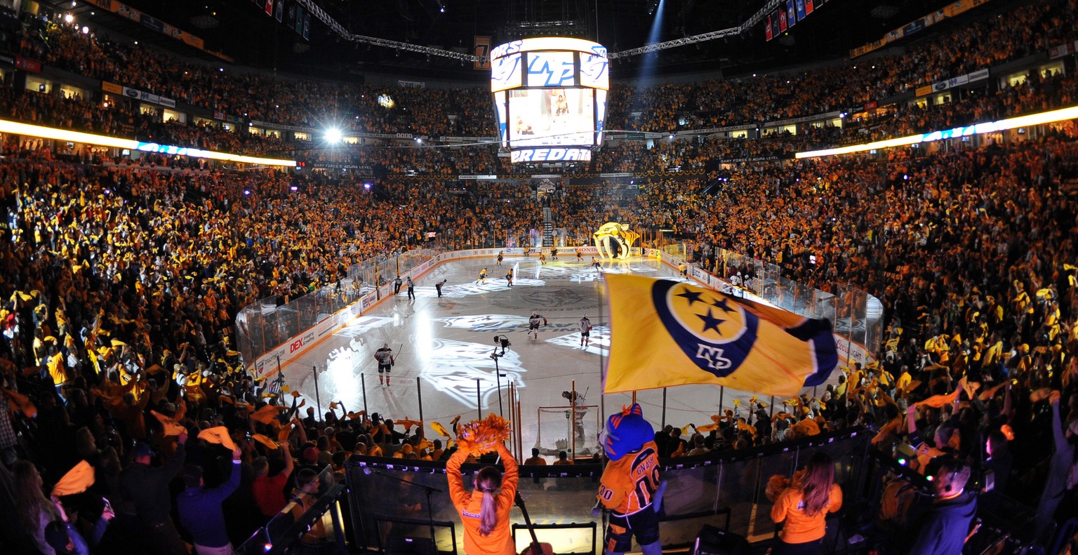 Apr 25, 2016; Nashville, TN, USA; General view of Bridgestone Arena as the Nashville Predators and Anaheim Ducks take the ice prior to game six of the first round of the 2016 Stanley Cup Playoffs at B ...