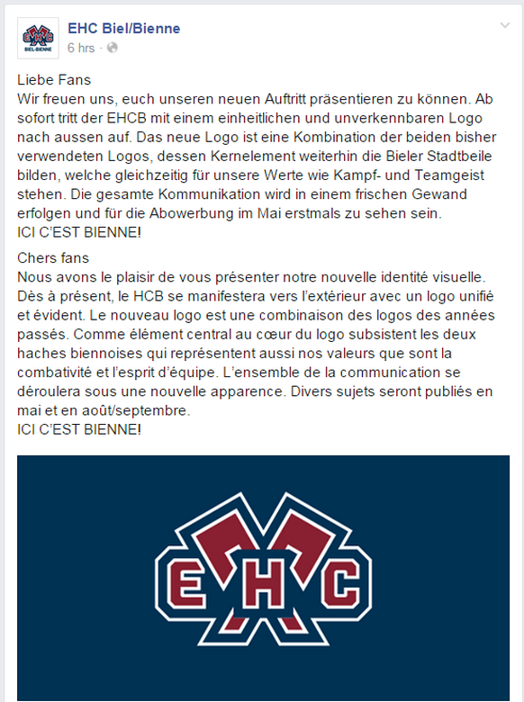Die Mitteilung des EHC Biel auf Facebook.