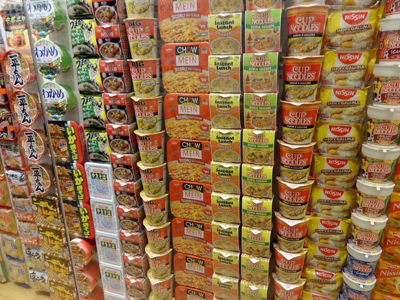 This Oct. 17, 2014 photo provided by Linda Lombardi shows a variety of instant ramen soup packages on display at the Cup Noodle Museum in Yokohama, Japan. The museum honors the inventor of instant ram ...