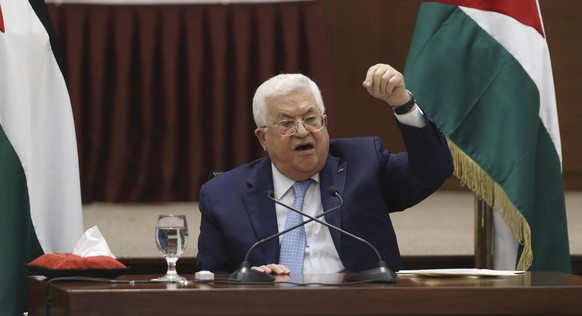 Palestinian President Mahmoud Abbas heads a leadership meeting at his headquarters, in the West Bank city of Ramallah, Tuesday, May 19, 2020. (Alaa Badarneh/Pool Photo via AP)
Mahmoud Abbas