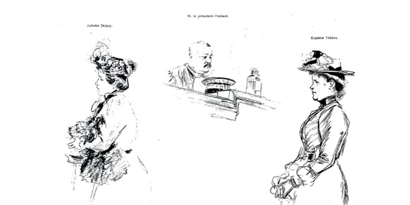Die zwei Dienstmädchen Juliette Dupuis und Eugénie Tabeau sagen vor Gericht aus, Zeichnung von L. Sabattier, «L'Illustration», 12. Oktober 1901.