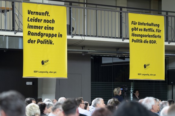 Plakate, fotografiert an der Delegiertenversammlung der BDP Schweiz, am Samstag, 27. April 2019 in Burgdorf. (KEYSTONE/Anthony Anex)