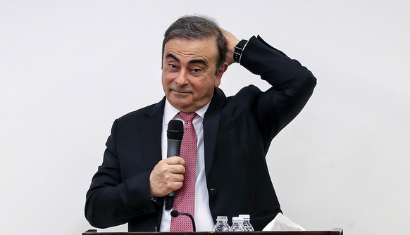 epa08112795 Former Nissan chairman Carlos Ghosn speaks during a press conference in Beirut, Lebanon, 08 January 2020. Ghosn on 08 January defended his innocence in his first public appearance since he ...
