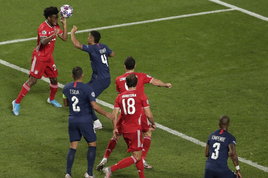 FILE - In this Sunday, Aug. 23, 2020 file photo, Bayern&#039;s Kingsley Coman scores his side&#039;s opening goal during the Champions League final soccer match between Paris Saint-Germain and Bayern  ...