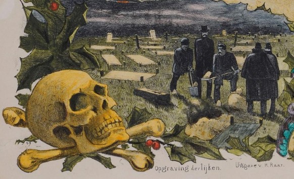 Maria Catharina Swanenburg (Goeie Mie), Giftmischerin von Leiden, Exhumierung der Leichen, Ausschnitt aus dem Poster De Leidsche Giftmengster (1885)