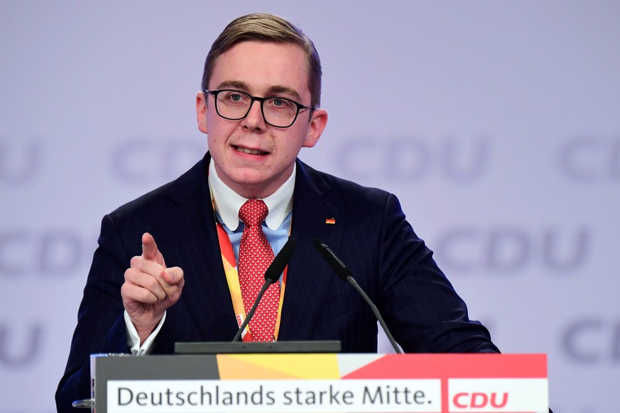 epa08018714 Member of Parliament at the German Parliament Bundestag of the Christian Democratic Union (CDU) Philipp Amthor speaks during a debate about the 5G network expansion during the Party Congre ...