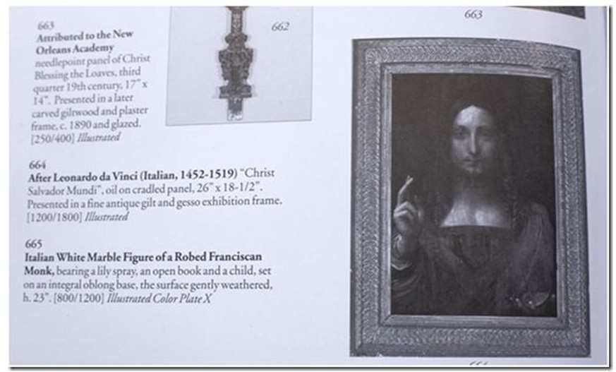 Katalog der St. Charles Gallery in New Orleans mit dem Gemälde, das heute als Salvator Mundi von Leonardo da Vinci gilt.
http://artwatch.org.uk/two-developments-in-the-no-show-louvre-abu-dhabi-leonard ...