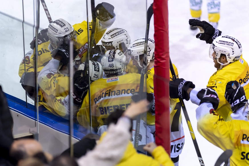 Les joueurs bernois, laissent eclater leur joie, lors du 6eme match du quart de finale de play off du championnat suisse de hockey sur glace de National League, entre le Geneve Servette HC et le SC Be ...