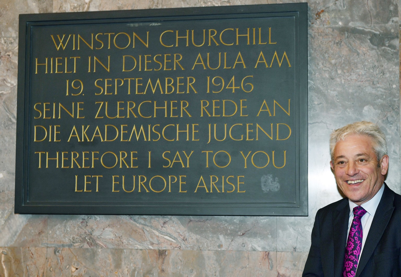 epa07853864 John Bercow, Speaker of Britain&#039;s House of Commons, poses in front of the plaque of Winston Churchill at the Europa Institut at the University of Zurich, Switzerland, 19 September 201 ...