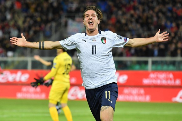 Italy&#039;s Nicolo&#039; Zaniolo celebrates after scoring his side&#039;s second goal during a group J qualifying soccer match between Italy and Armenia at the Renzo Barbera stadium, in Palermo, Ital ...