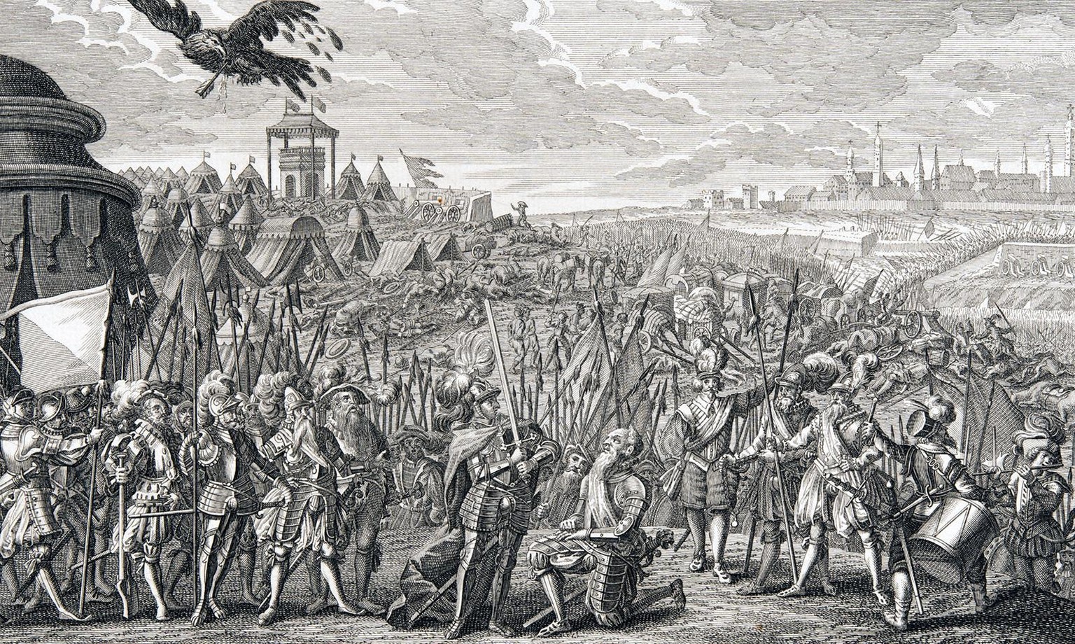 Hans Waldmann wird nach der Schlacht von Murten zum Ritter geschlagen. Kupferstich von 1741.