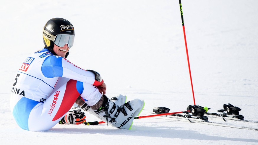 210218 Lara Gut-Behrami of Switzerland after competing in the Women s Giant Slalom during of the 2021 FIS Alpine World Ski Championships on February 18, 2021 in Cortina d Ampezzo. Photo: Simon Hastega ...