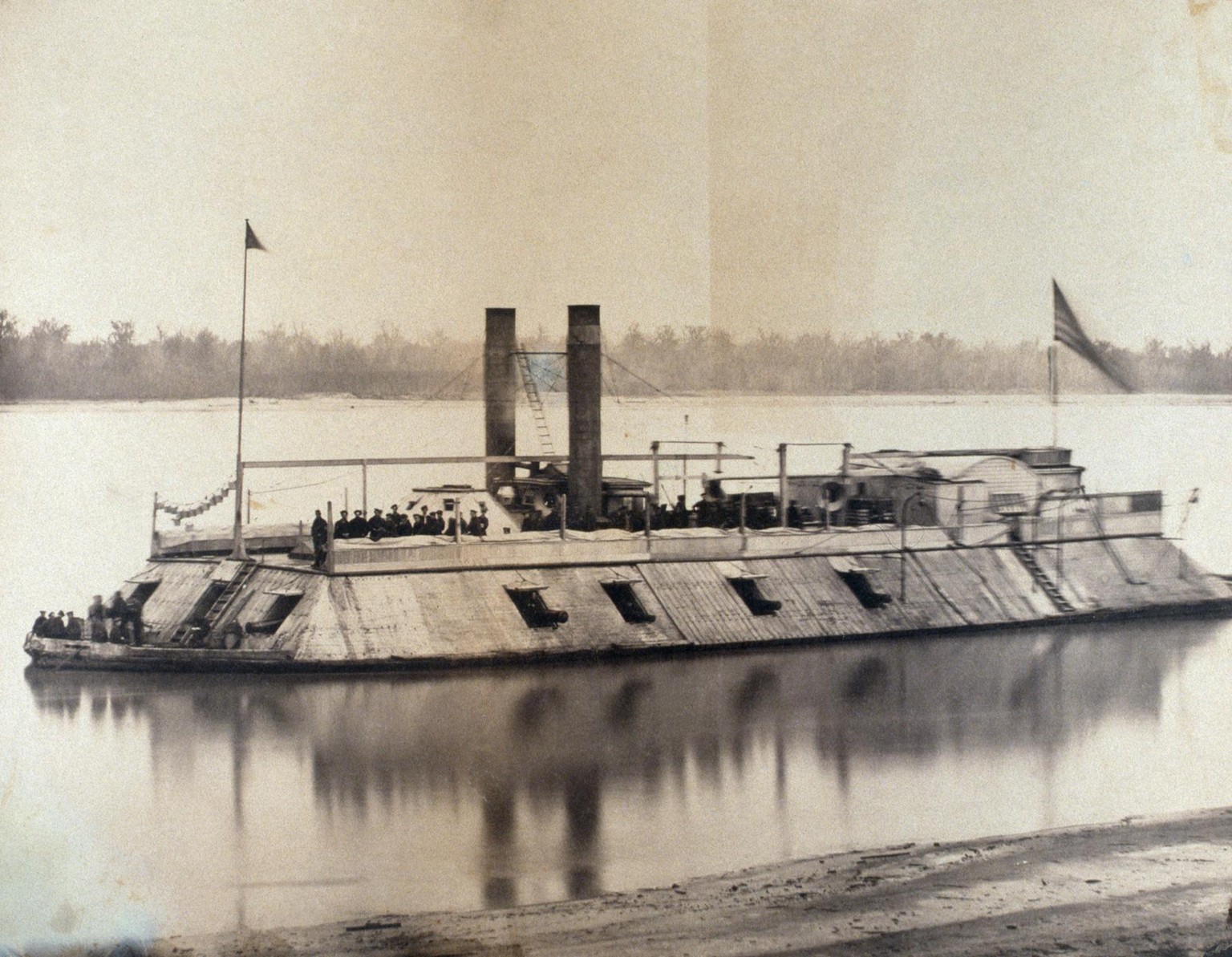 The USS Baron De Kalb, possibly the first ironclad constructed in America, patrols a river during the American Civil War. The boat was formerly called Saint Louis. (Photo by © CORBIS/Corbis via Getty  ...