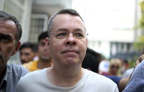 Andrew Craig Brunson, an evangelical pastor from Black Mountain, North Carolina, arrives at his house in Izmir, Turkey, Wednesday, July 25, 2018 An American pastor who had been jailed in Turkey for mo ...