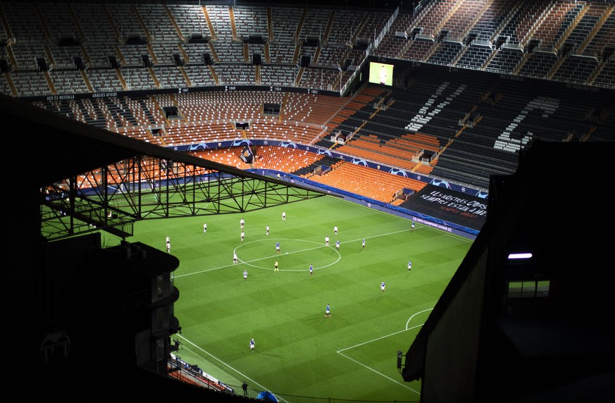 FILE - In this Tuesday March 10, 2020 file photo a general view of the Mestalla stadium during the Champions League round of 16 second leg soccer match between Valencia and Atalanta in Valencia, Spain ...