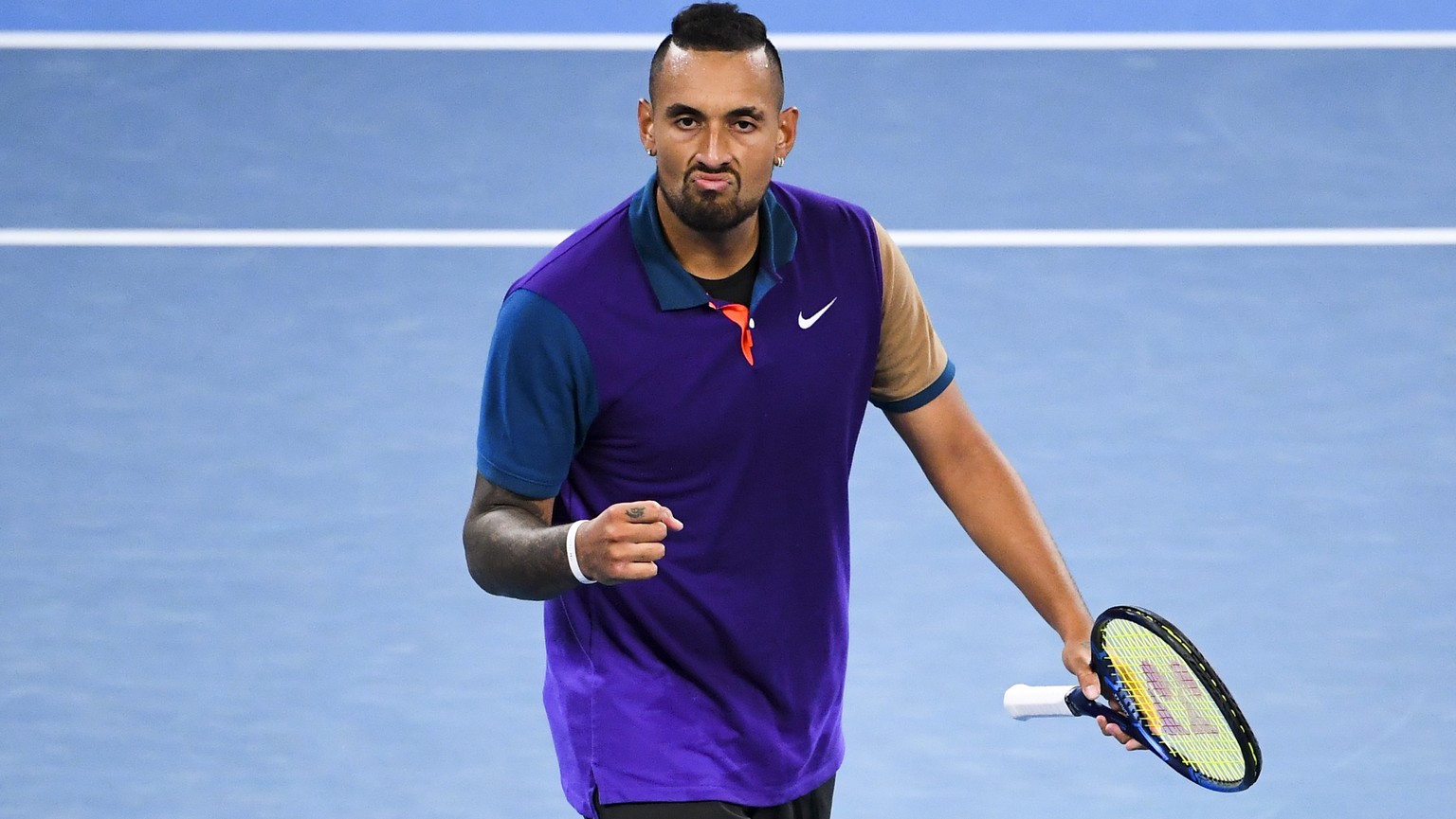 epa08995905 Nick Kyrgios of Australia reacts during his first Round Men&#039;s singles match against Federico Ferreira Silva of Portugal on Day 1 of the Australian Open at Melbourne Park in Melbourne, ...