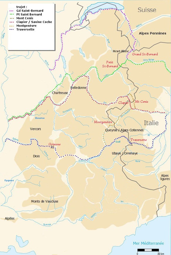Die möglichen Routen, die Hannibal bei seiner Alpen-Überquerung genommen haben könnte. Die blaue, südliche Route über den Col de la Traversette hat sich nun als die richtige herausgestellt.&nbsp;