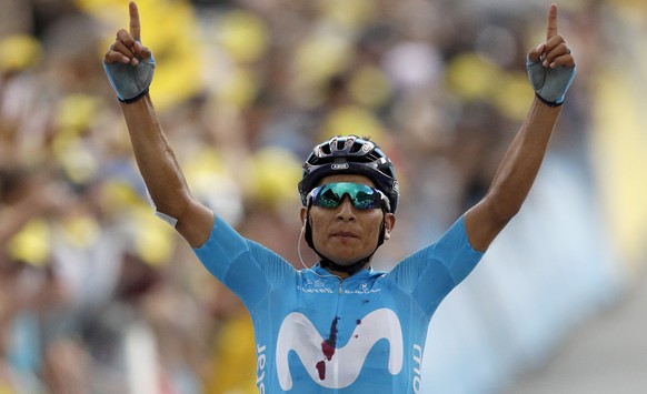 epa07740132 Colombia&#039;s Nairo Quintana of Movistar team celebrates winning the 18th stage of the 106th edition of the Tour de France cycling race over 208km between Embrun and Valloire, France, 25 ...