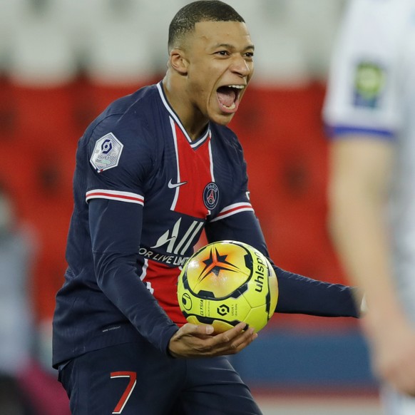PSG&#039;s Kylian Mbappe celebrates after scoring his side&#039;s second goal during the French League One soccer match between Paris Saint-Germain and Strasbourg at the Parc des Princes in Paris, Fra ...