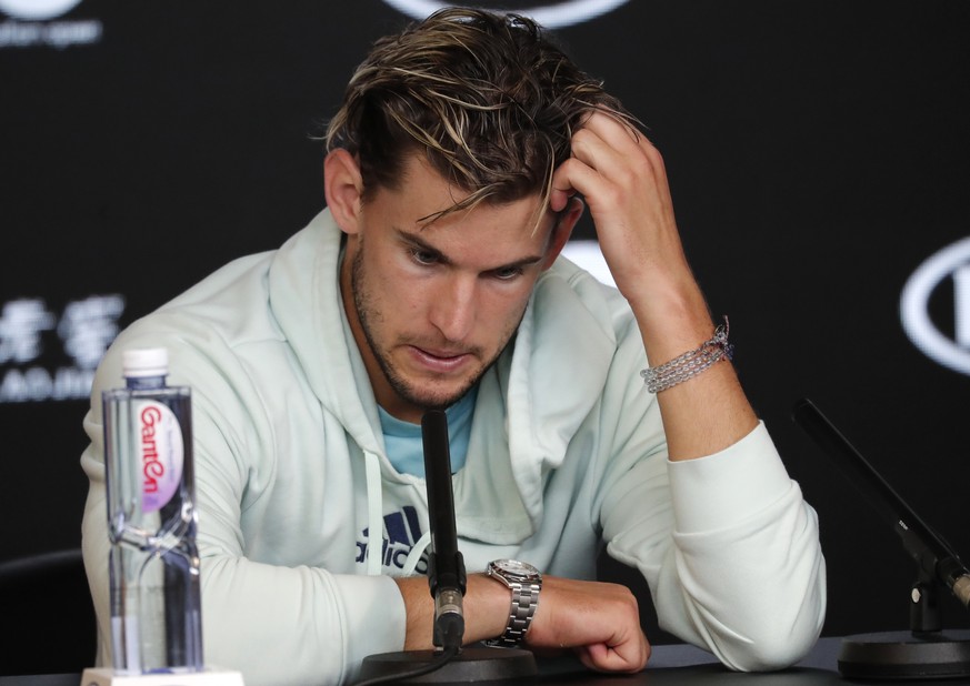 Austria&#039;s Dominic Thiem speaks at a press conference following his loss to Serbia&#039;s Novak Djokovic in the men&#039;s singles final at the Australian Open tennis championship in Melbourne, Au ...