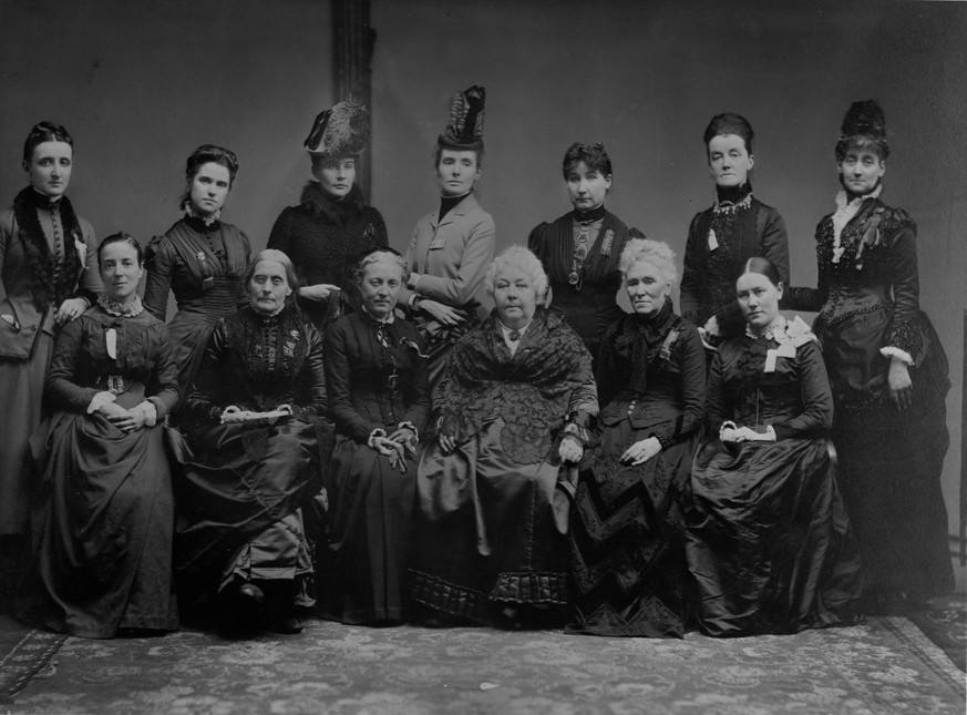 Longtime women&#039;s rights activist Elizabeth Cady Stanton, front row, fourth from left, sits with executive committee members from the International Council of Women during their first meeting in W ...