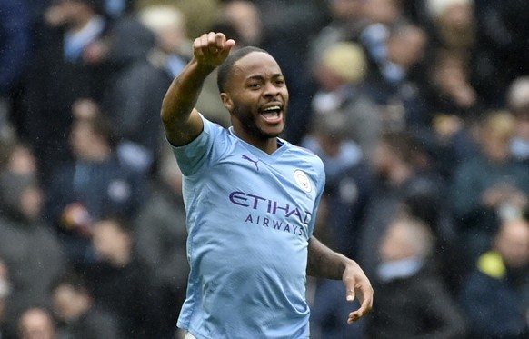 Manchester City&#039;s Raheem Sterling celebrates after scoring his side&#039;s first goal during the English Premier League soccer match between Manchester City and Aston Villa at Etihad stadium in M ...