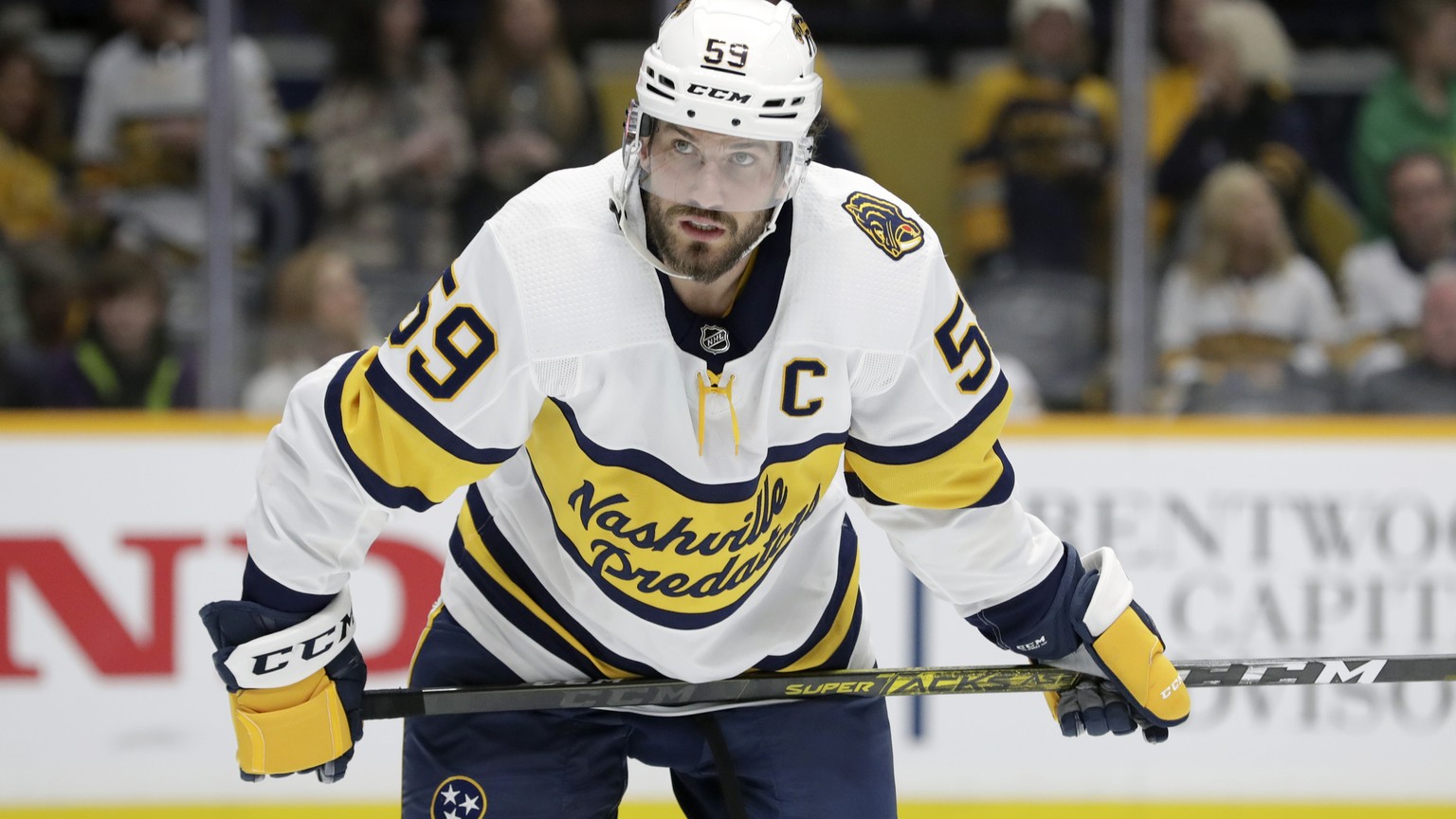 FILE - In this Sunday, Feb. 16, 2020 file photo, Nashville Predators defenseman Roman Josi, of Switzerland, plays against the St. Louis Blues in the third period of an NHL hockey game in Nashville, Te ...