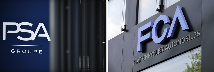 epa08918832 (FILE) - A view of signage at the PSA Group headquarters in Rueil-Malmaison, near Paris, France, 31 October 2019 (L) and signage of Italian-US car manufacturer FCA, Fiat Chrysler Automobil ...