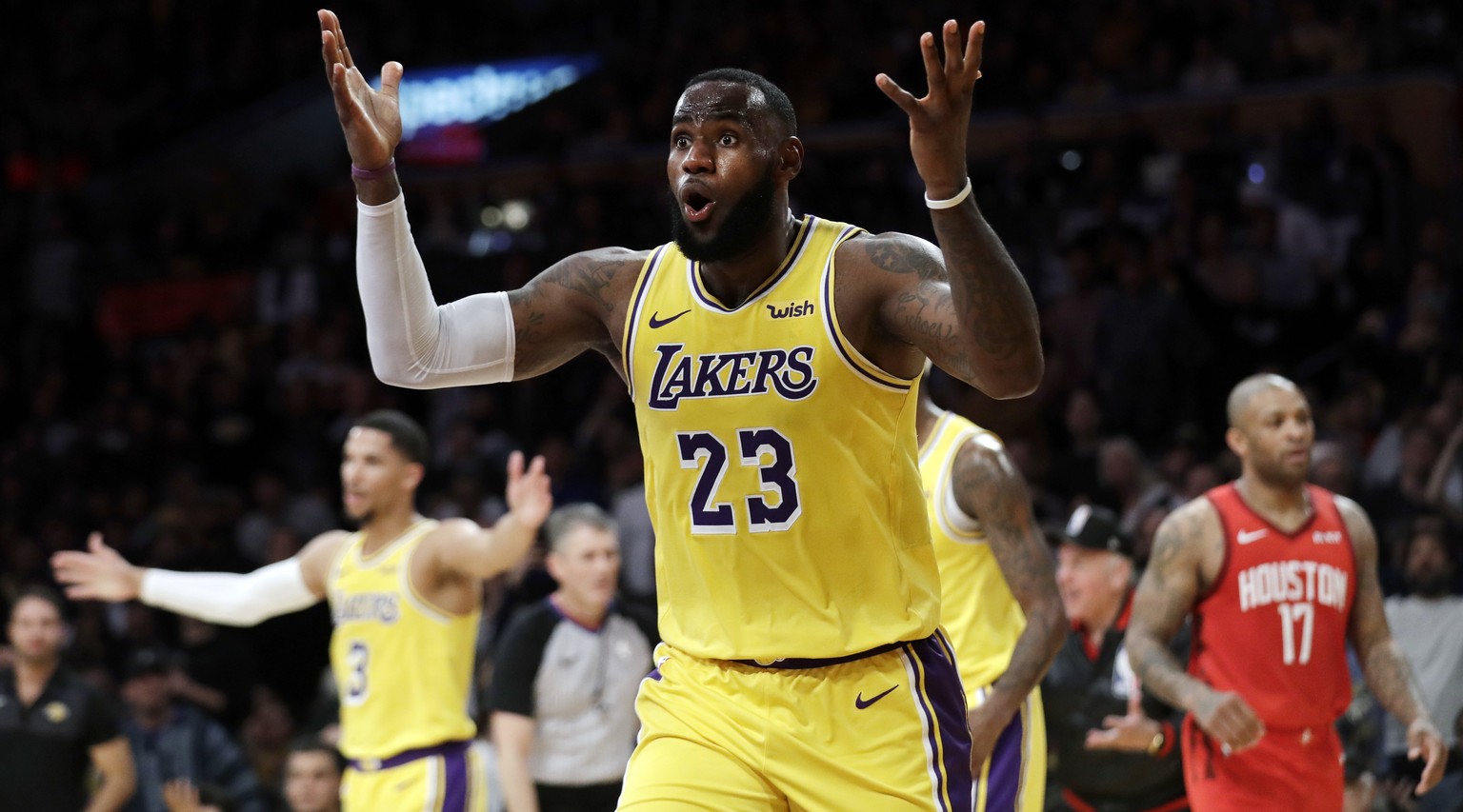 Los Angeles Lakers&#039; LeBron James (23) reacts to a foul called against him during the second half of the team&#039;s NBA basketball game against the Houston Rockets on Thursday, Feb. 21, 2019, in  ...
