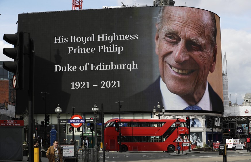 A tribute to Britain&#039;s Prince Philip is projected onto a large screen at Piccadilly Circus in London, Friday, April 9, 2021. Buckingham Palace officials say Prince Philip, the husband of Queen El ...