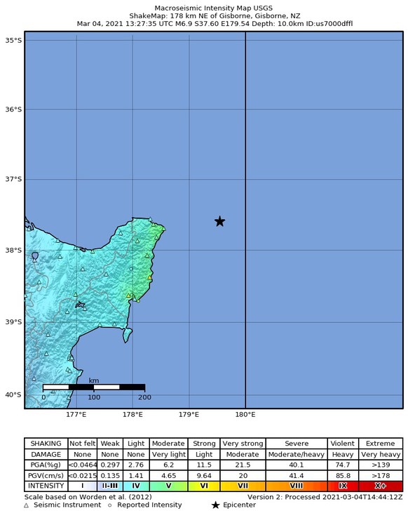 epa09051446 A handout shakemap made available by the United States Geological Survey (USGS) shows the location of a 7.3-magnitude earthquake hitting 174km north east of Gisborne, New Zealand, 04 March ...
