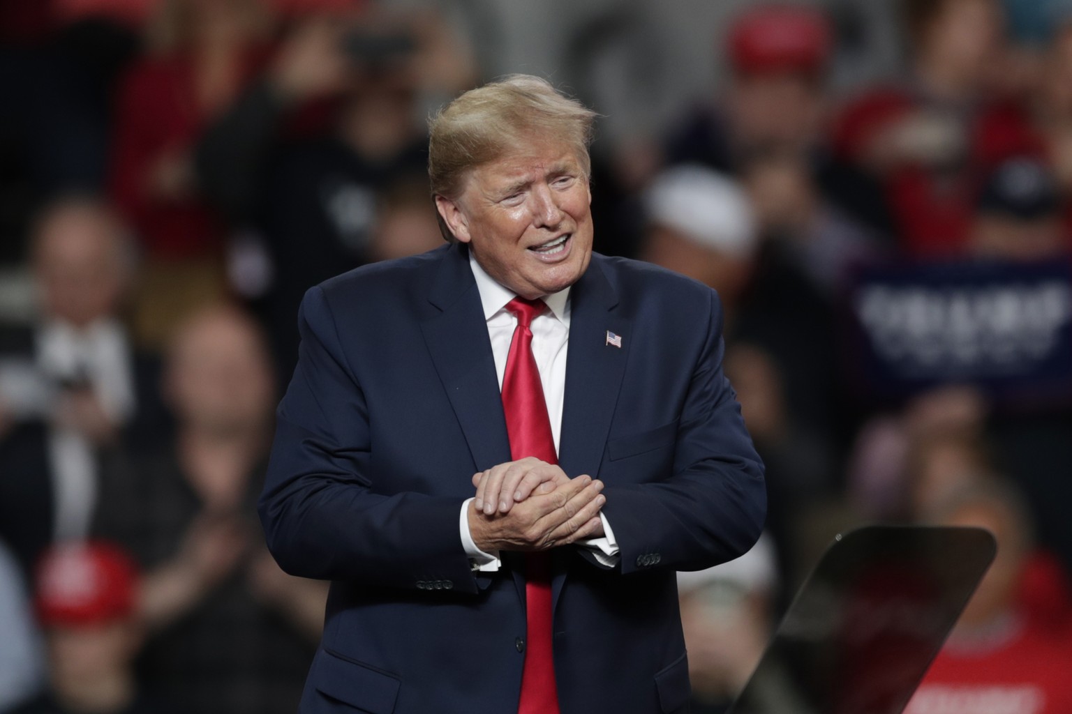 President Donald Trump reacts after speaking during a campaign rally at the Huntington Center, Thursday, Jan. 9, 2020, in Toledo, Ohio. (AP Photo/Tony Dejak)
Donald Trump