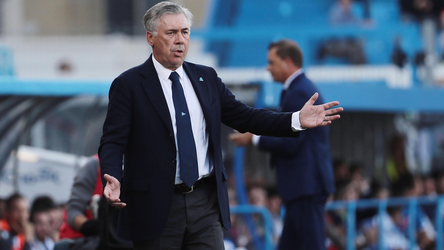 Napoli&#039;s head coach Carlo Ancelotti gestures during the Italian Serie A soccer match between Spal and Napoli, at the Paolo Mazza stadium in Ferrara, Italy, Sunday, Oct. 27, 2019. (Serena Campanni ...