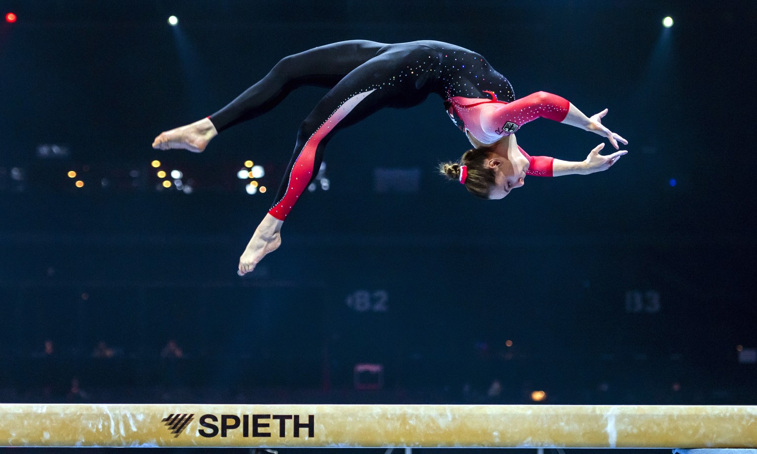 epa09149014 Germany&#039;s Sarah Voss performs on the balance beam during the women&#039;s qualification round of the 2021 European Artistic Gymnastics Championships in the St. Jakobshalle in Basel, S ...