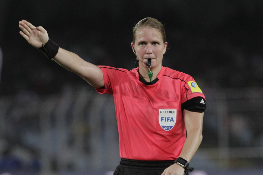 Switzerland&#039;s Esther Staubli, the first female referee to officiate at the FIFA U-17 World Cup, blows the whistle during the match between Japan and New Caledonia&#039;s in Kolkata, India, Saturd ...