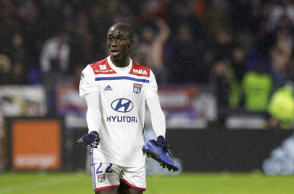 Lyon&#039;s Ferland Mendy reacts during the French League One soccer match between Lyon and Saint-Etienne at the Stade de Lyon near Lyon, France, Friday, Nov. 23, 2018. (AP Photo/Laurent Cipriani)