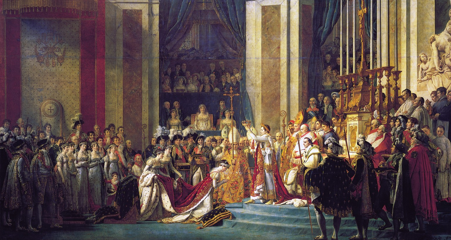 Nur 15 Jahre nach der Revolution feiert Frankreich seinen neuen Herrscher von Gottes Gnaden: Die Krönung Napoleons in der Notre Dame in Paris im Dezember 1804. Napoleon (mit Lorbeerkranz) ist dabei, s ...