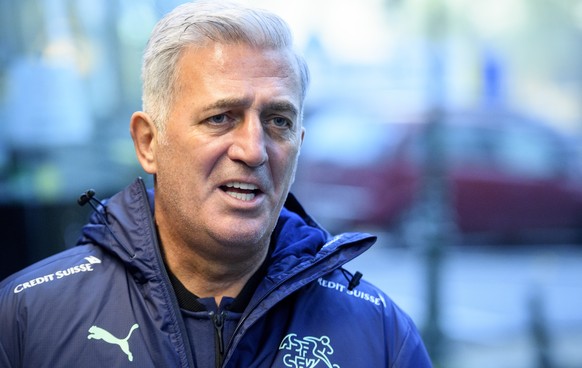 Switzerland&#039;s soccer national team head coach Vladimir Petkovic answers to TV interview after a virtual press conference on the eve of an international friendly soccer match between Belgium and S ...