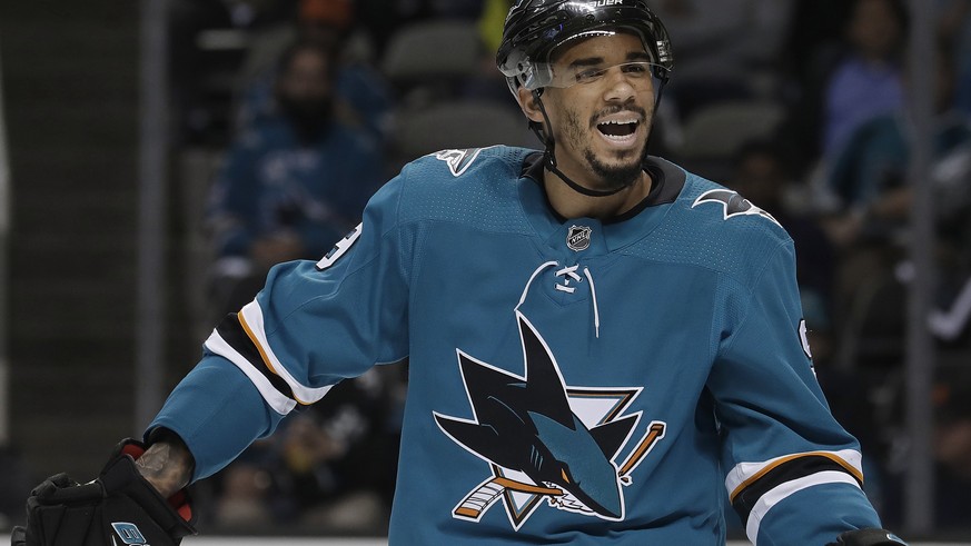 FILE - In this May 2, 2018 file photo, San Jose Sharks left wing Evander Kane takes part in the team&#039;s NHL hockey playoff game against the Vegas Golden Knights in San Jose, Calif. (AP Photo/Jeff  ...