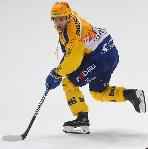 Davos&#039; player Inti Pestoni in action during the preliminary round game of National League Swiss Championship 2018/19 between HC Lugano and HC Davos, at the ice stadium Corner Arena in Lugano, Fri ...