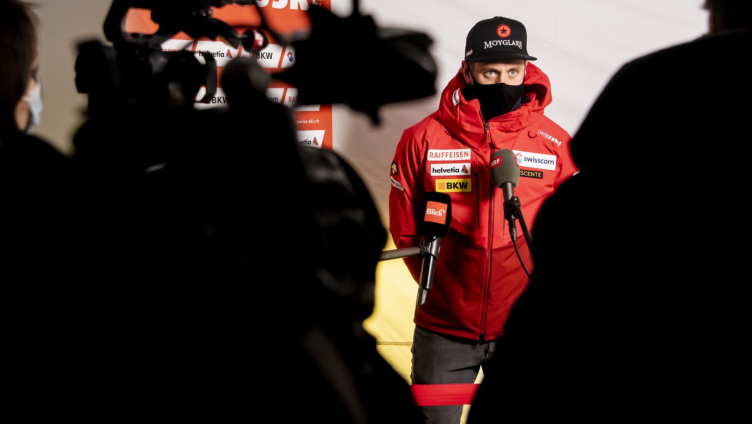 Mauro Caviezel of Switzerland speaks to journalists during the Swiss-Ski federation press conference at the 2021 FIS Alpine Skiing World Championships in Cortina d&#039;Ampezzo, Italy, Sunday, Februar ...