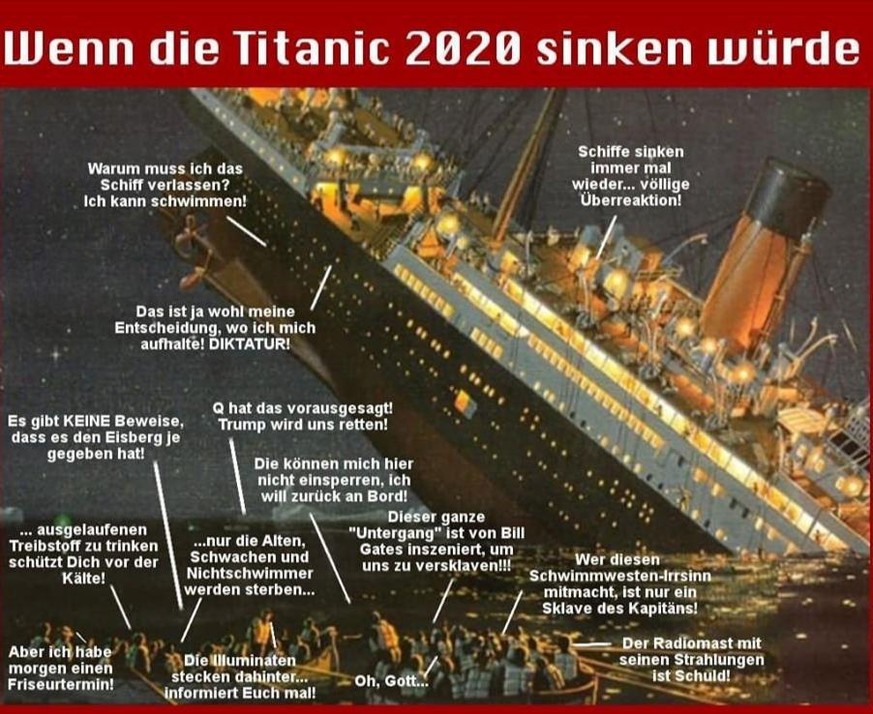 Was Corona-Verschwörungstheoretiker auf der Titanic gesagt hätten. (Handy-Nutzer können das Bild antippen, um es zu vergrössern)