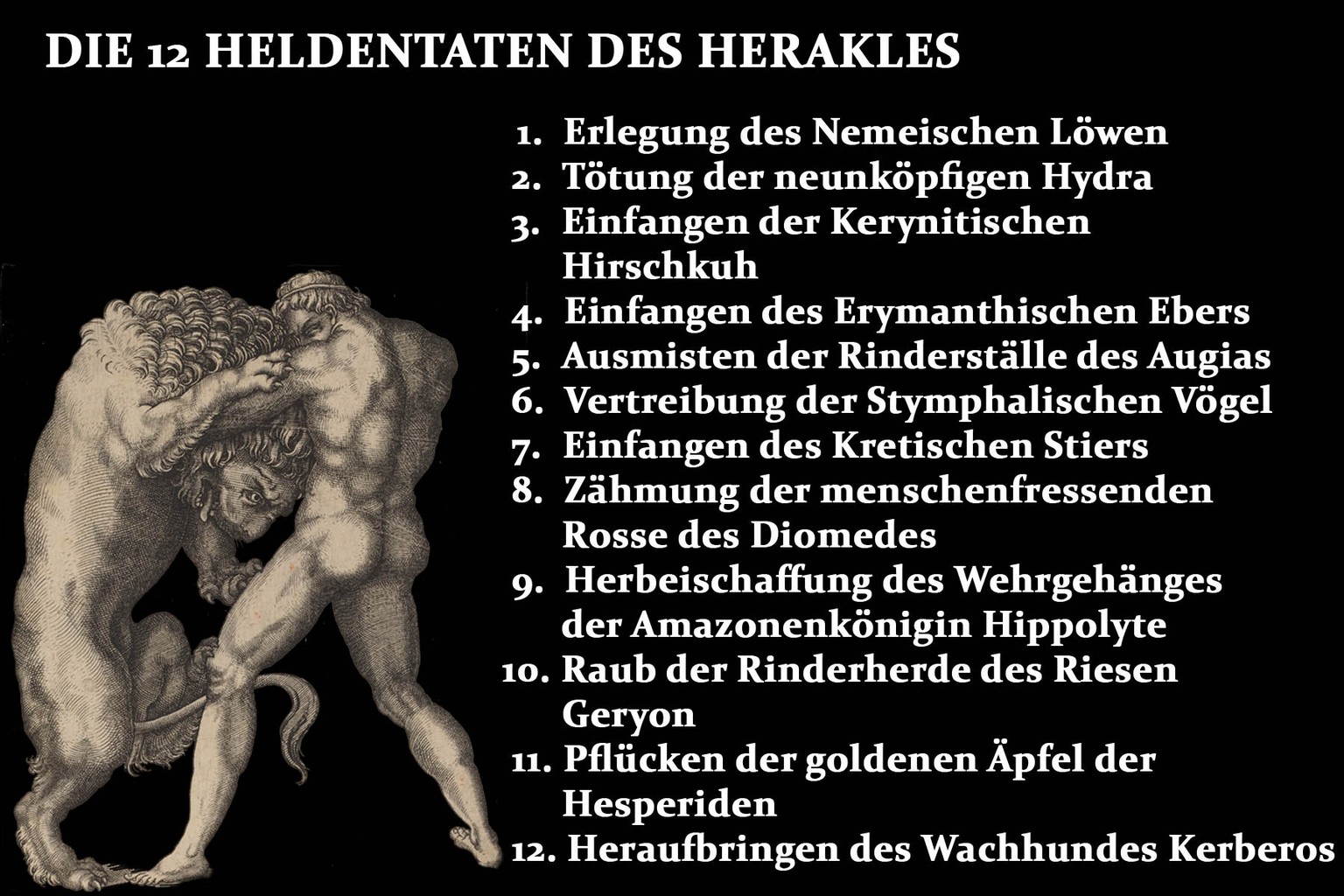 Die 12 Aufgaben des Herakles nach der griechischen Mythologie.