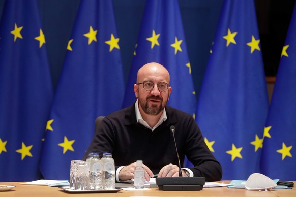 epa09111616 European Council President Charles Michel during a video conference meeting with President of Cyprus Nicos Anastasiades at the European Council building in Brussels, Belgium, 02 April 2021 ...