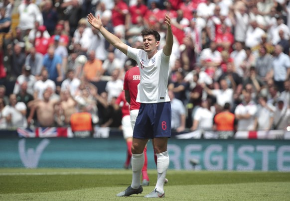 England&#039;s Harry Maguire reacts during the UEFA Nations League third place soccer match between Switzerland and England at the D. Afonso Henriques stadium in Guimaraes, Portugal, Sunday, June 9, 2 ...
