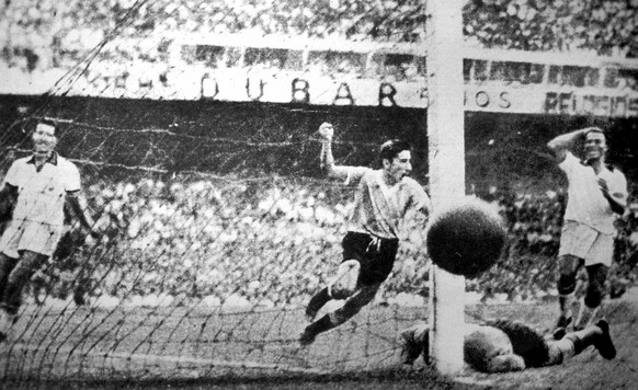 Uruguay player Ghiggia scores during the World Cup Final, against Brazil, in the Maracana Stadium in Rio de Janeiro, Brazil, July 16, 1950 . Uruguay defeated Brazil 2-1 to win the 1950 World Cup. (AP  ...