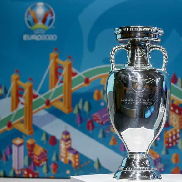 epa08289434 (FILE) - The Henri Delaunay trophy is pictured during the drawing of the UEFA EURO 2020 Play-off matches, at the UEFA headquarters in Nyon, Switzerland, 22 November 2019 (re-issued 12 Marc ...