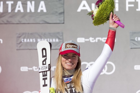 Lara Gut-Behrami of Switzerland on the podium after the women&#039;s Downhill race of the FIS Alpine Ski World Cup season in Crans-Montana, Switzerland, Friday, February 21, 2020. (KEYSTONE/Cyril Zing ...