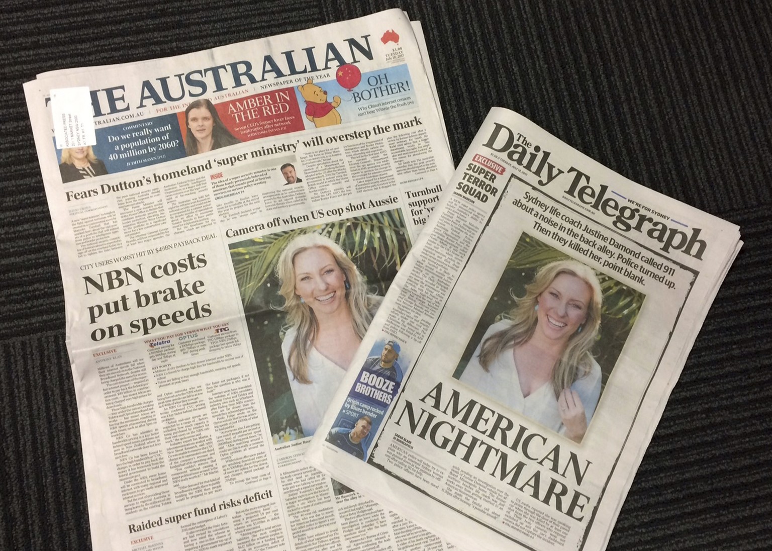 Front pages of two Australian newspapers on Tuesday, July 18, 2017, featuring photos and story of the shooting death of Australia&#039;s Justine Damond who was shot dead by a Minneapolis police office ...