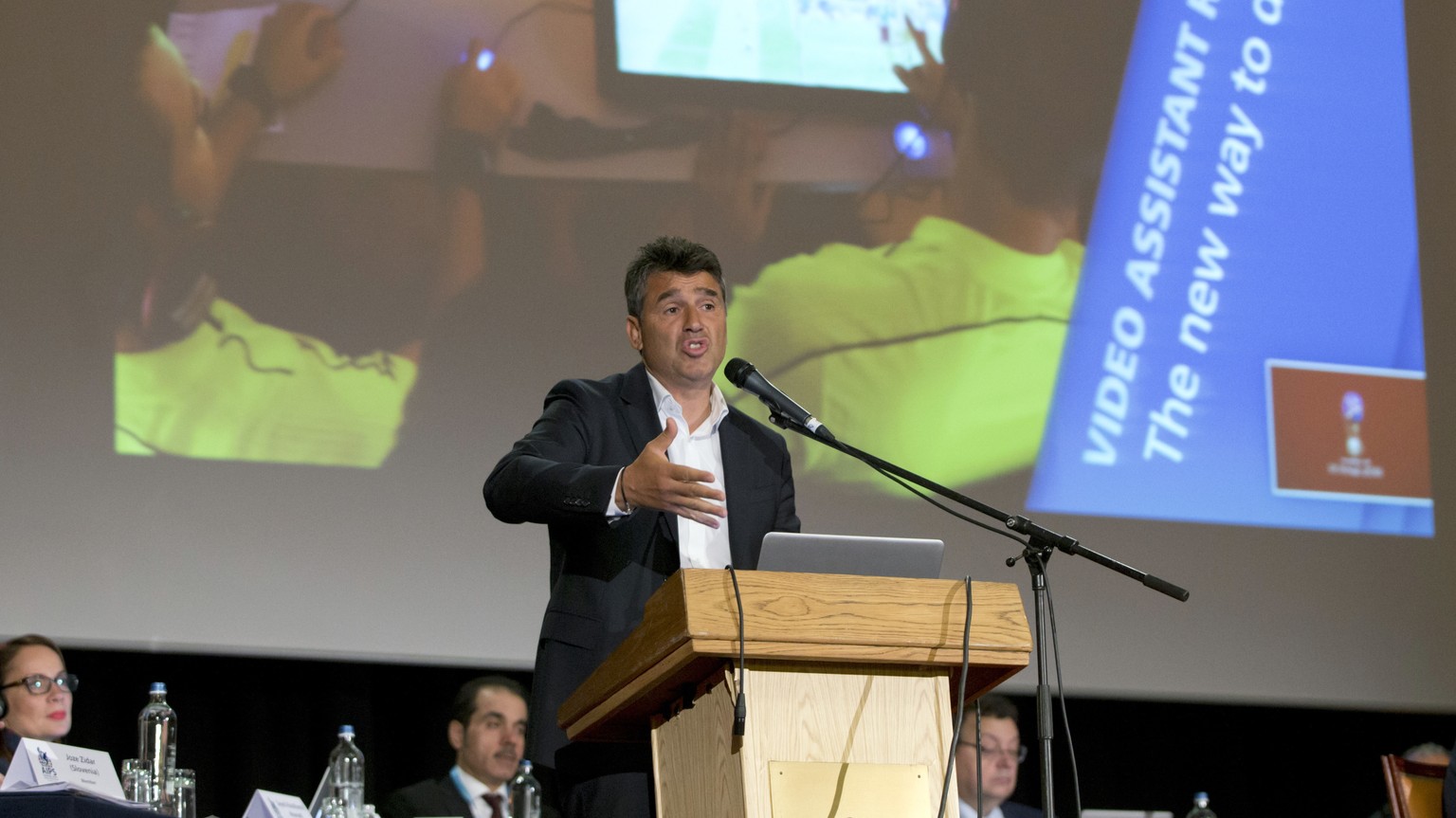 Switzerland&#039;s Massimo Busacca, FIFA-director of the Department of Refereeing Developments speaks during a media conference regarding the Video Assistant Referee (VAR) at a hotel in Brussels on Tu ...